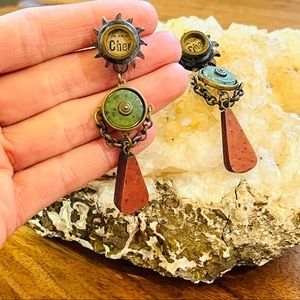 Vintage Style Arty Steampunk Wood Agate Brass Earrings